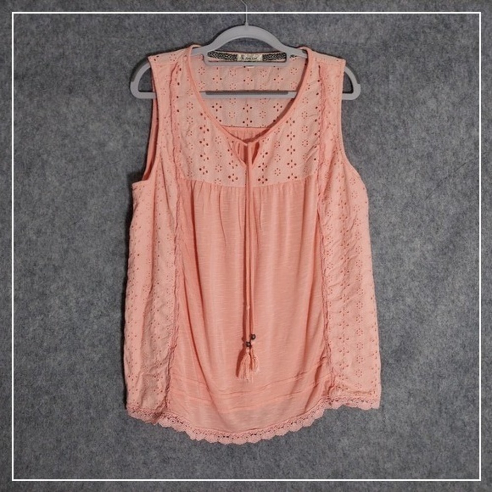 One World Tunic Plus 1X Pink Embroidered Tassel Eyelet Burnout Festival Boho